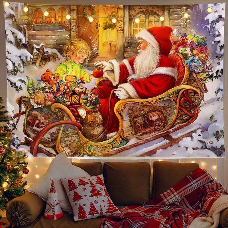 Christmas Decor LED Lights Wall Tapestry Fireplace Santa Claus Print