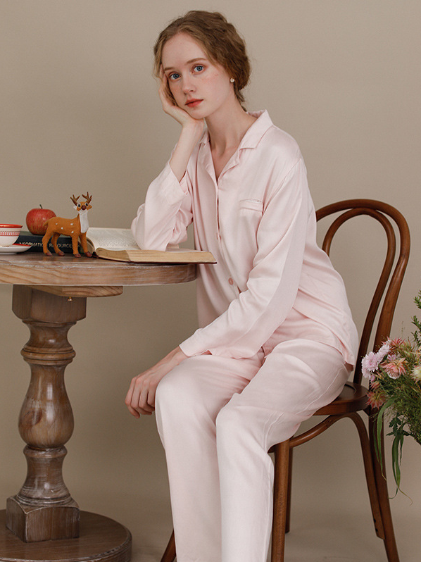 Shawl Collar Plain Elegant Long Sleeve Pajama Set