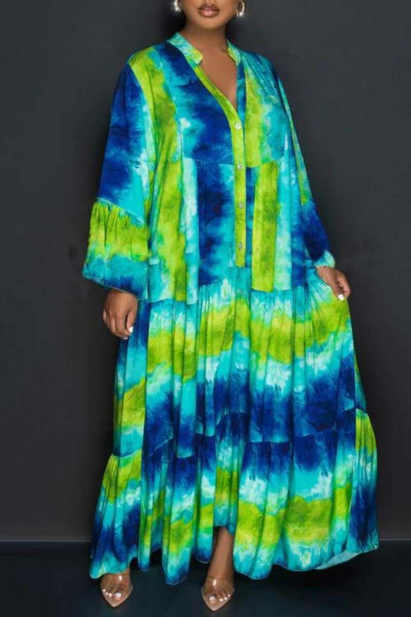 Green Casual Print Patchwork Shirt Collar Long Dress Dresses