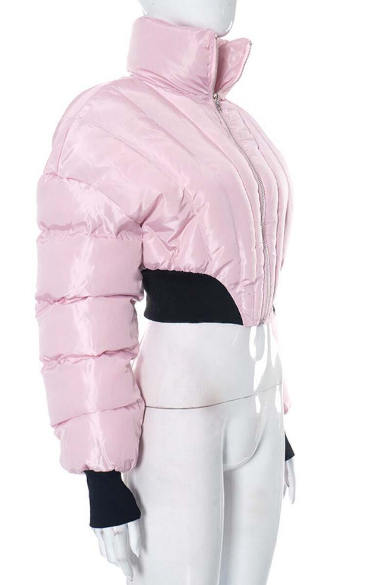 Pink Casual Solid Patchwork Mandarin Collar Outerwear