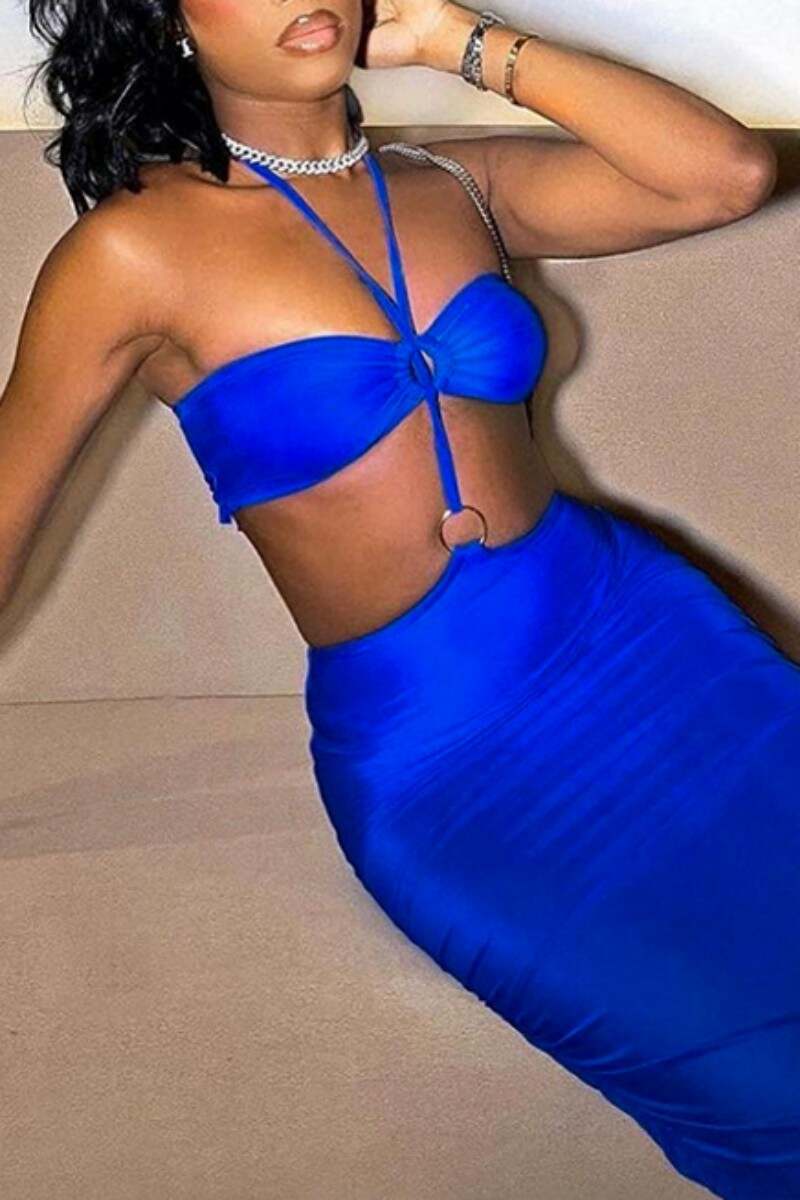 Blue Sexy Solid Backless Halter Strapless Dress Dresses