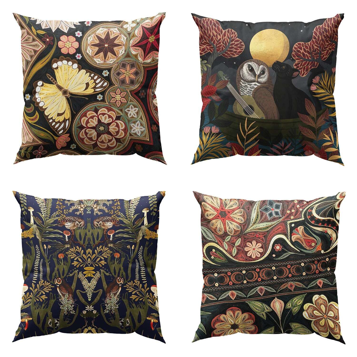 William Morris Owl Floral Plant Double Side Pillow Cover 4PC