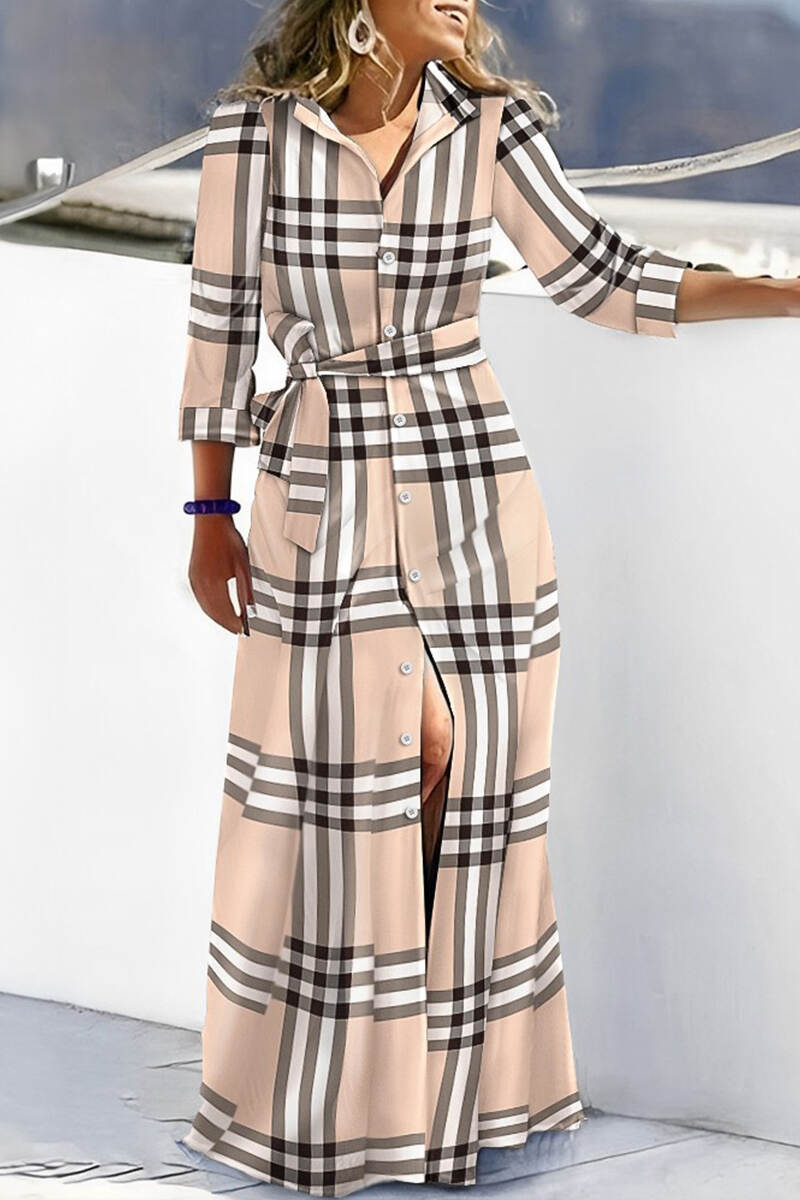 Dark Blue Elegant Plaid Geometric Striped Bandage Patchwork Buckle Printing Shirt Collar Printed Dress Dresses