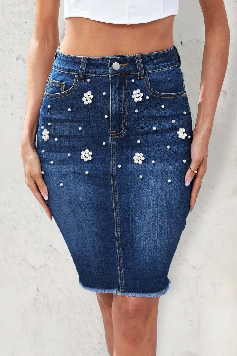 Dark Blue Casual Patchwork Pearl High Waist Regular Denim Skirts