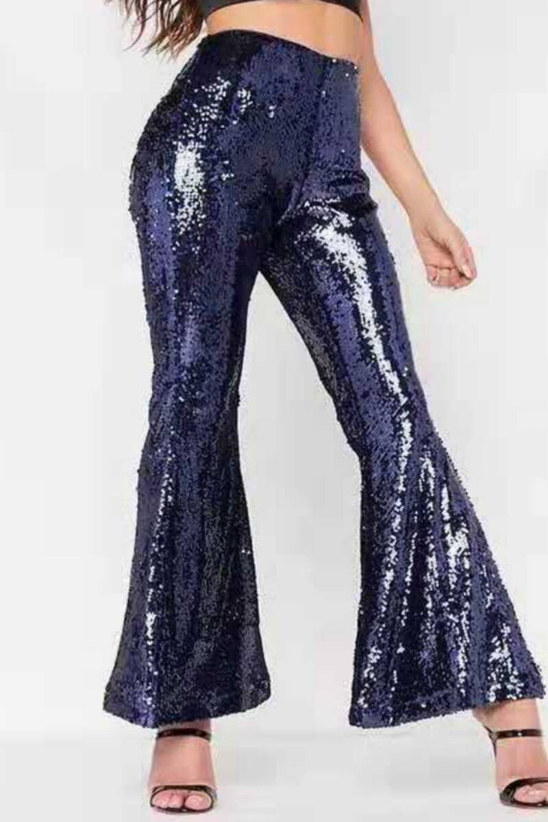 Black Casual Patchwork Sequins Regular High Waist Conventional Patchwork Trousers