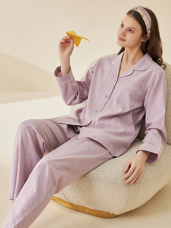 Plain V Neck Simple Cotton Long Sleeve Couple Pajama Set