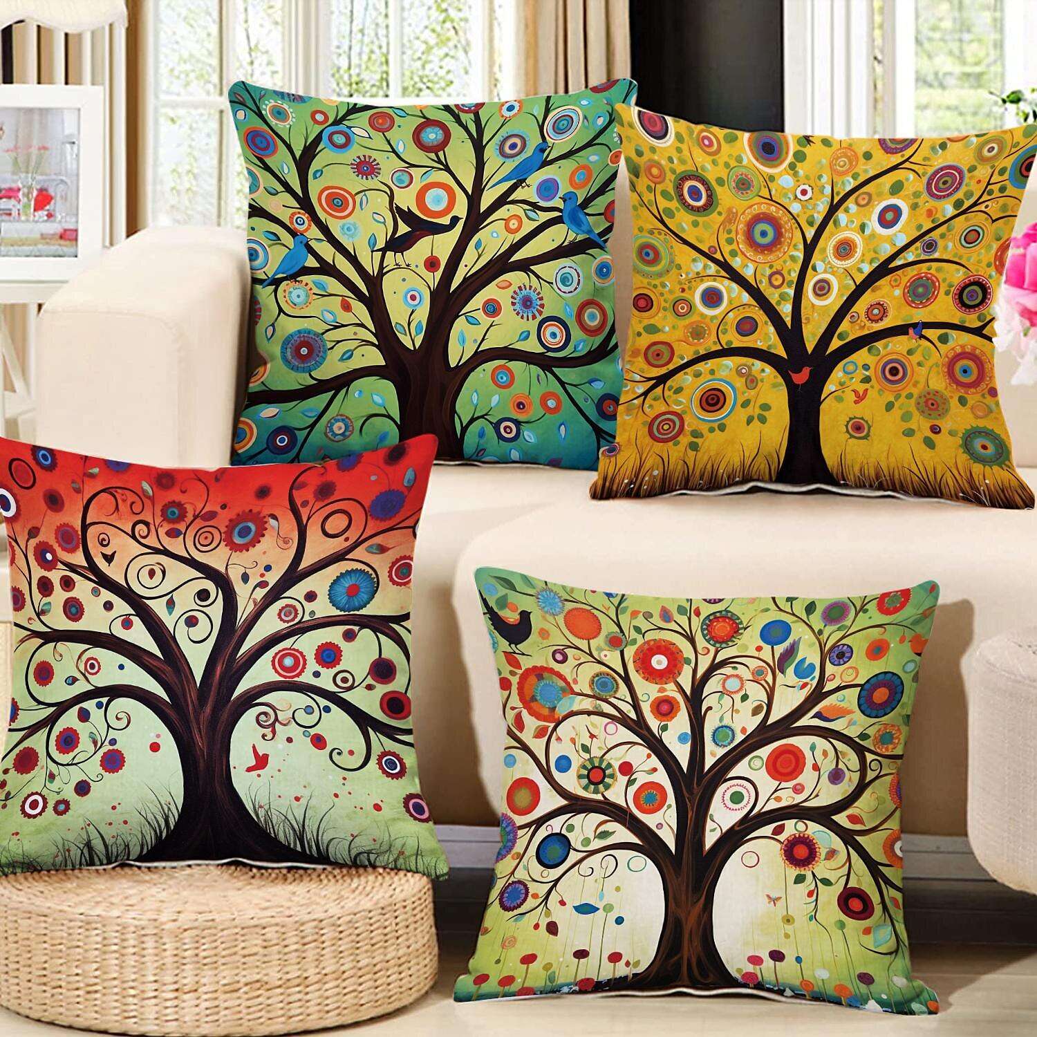 Double Side Pillow Cover 4PC Tree of Life Soft Decorative Square Cushion Case Pillowcase for Bedroom Livingroom Sofa Couch Chair