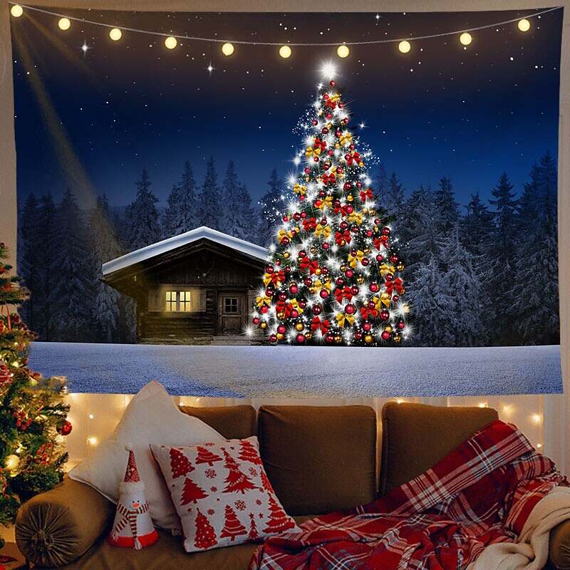 Christmas Decor LED Lights Wall Tapestry Snow Forest Christmas Tree Print