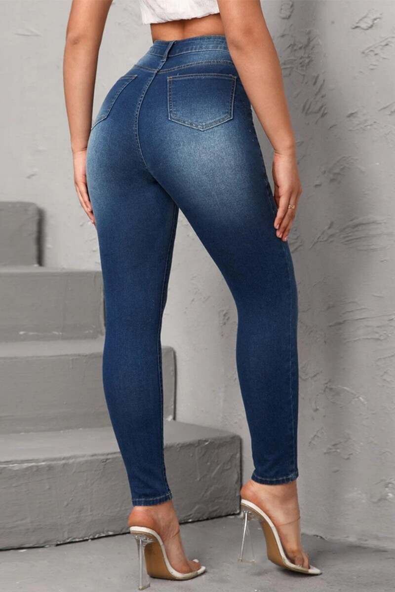 Light Blue Casual Solid Patchwork High Waist Skinny Denim Jeans