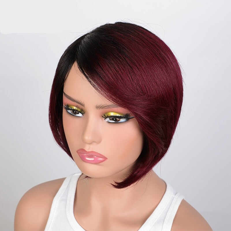 Ombre Burgundy Short Bob Wig With Bangs