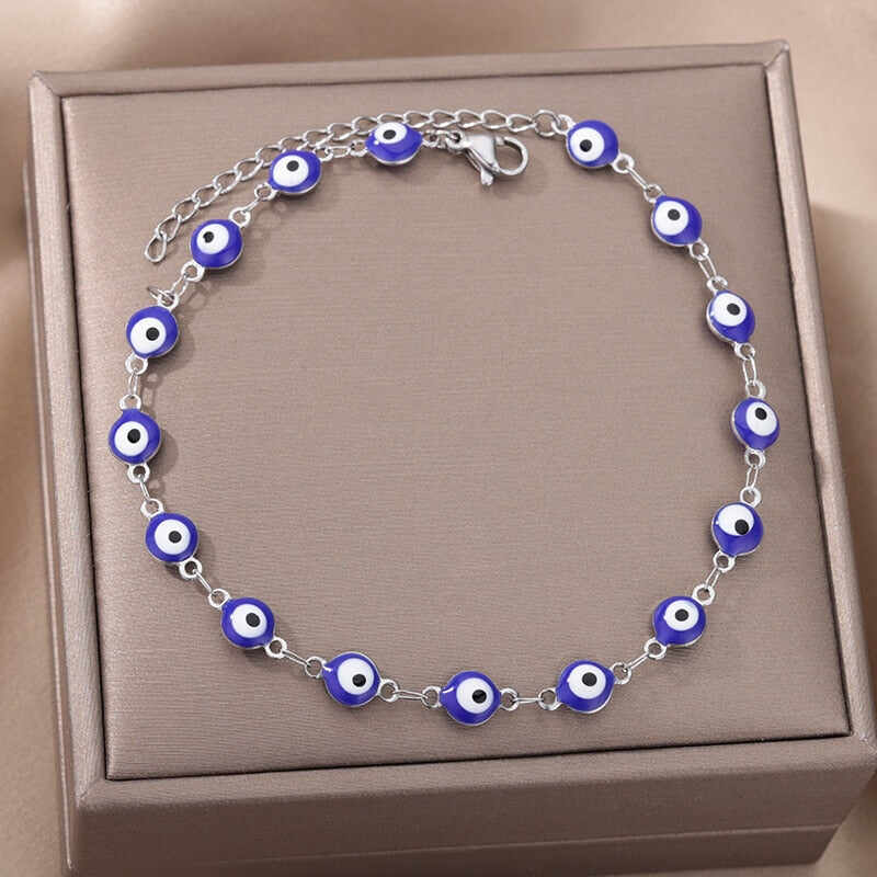 Stainless Steel Evil Eye Anklets For Women Enamel Round Leg Chain Blue Evil Eye Anklets Bracelet Summer Beach Foot Jewelry Gift