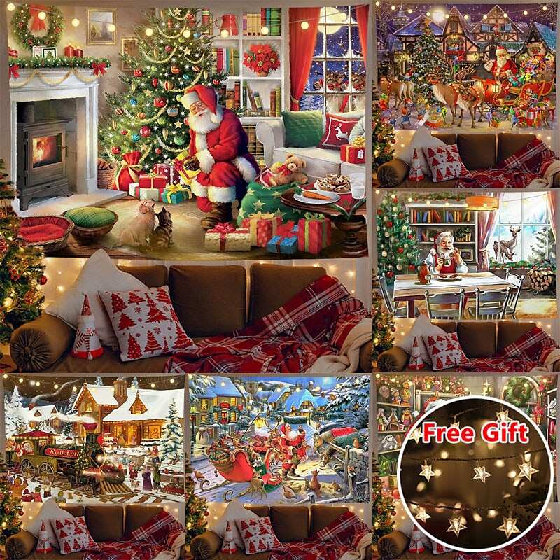 Christmas Decor LED Lights Wall Tapestry Santa Claus Print