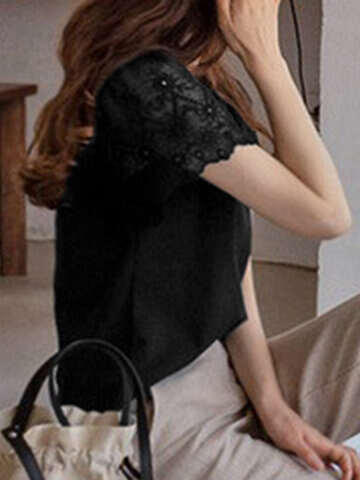 Women Blouses & Shirts | Lace Ruffle Sleeve Crew Neck Solid Casual Blouse - KR35330