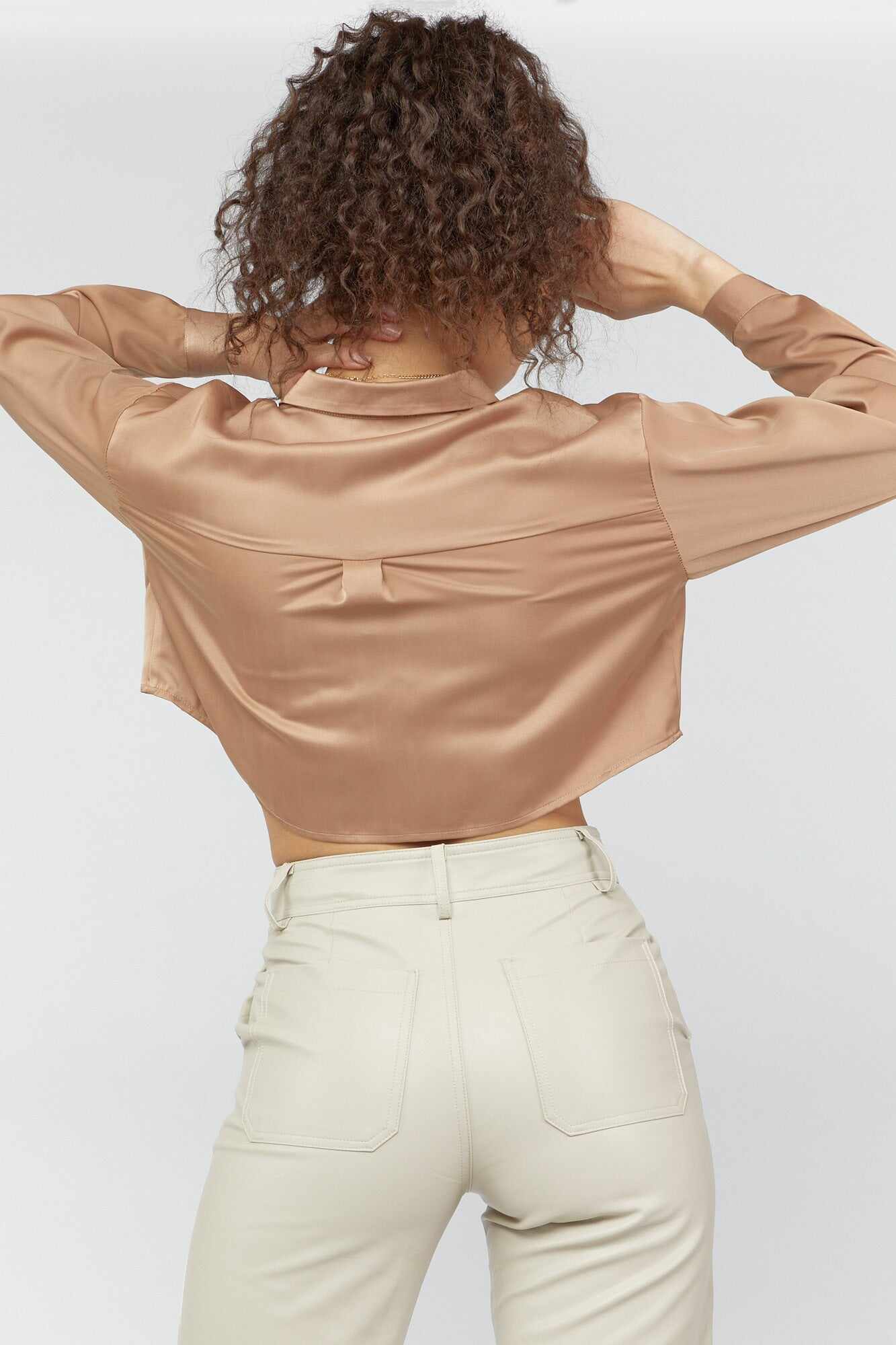 Women Apparel | Satin Button-Front Cropped Shirt Taupe Forever21 - LV97076