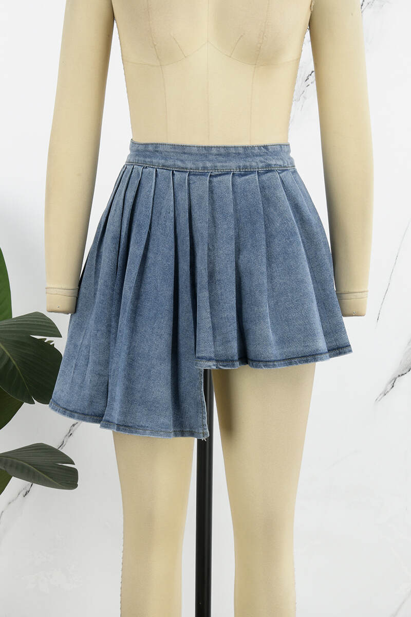 Sky Blue Casual Street Solid Make Old Patchwork Zipper Pleated Mid Waist Denim Skirts