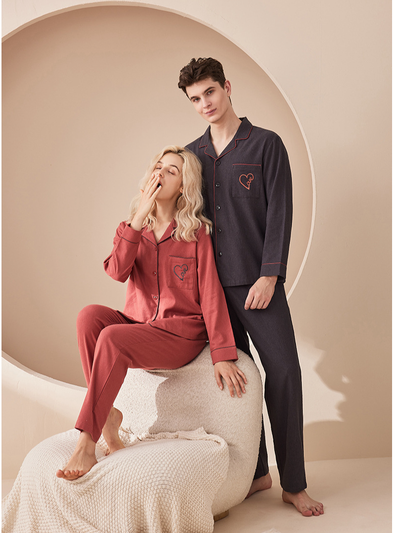 Cotton Vintage Regular Fit Plain Long Sleeve Couple Pajama Set