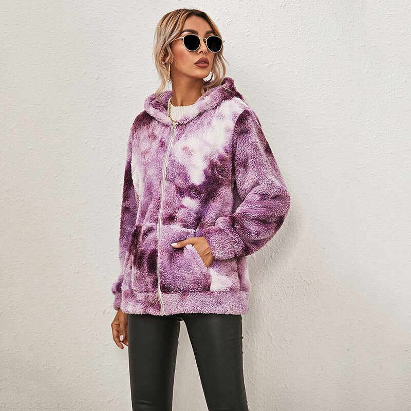 Tie-dye Printed Long-sleeved Hooded Zipper