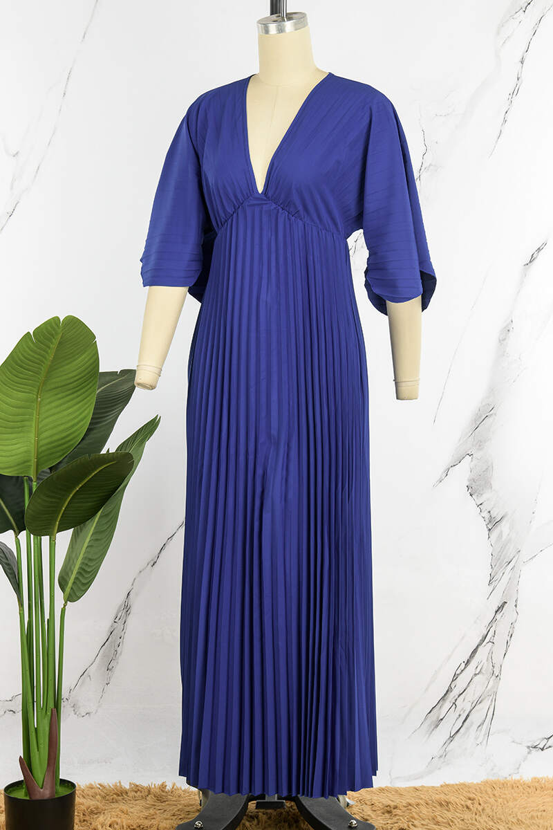 Deep Blue Casual Solid Patchwork V Neck Pleated Dresses