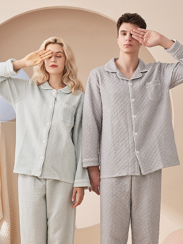 Casual Cotton Plaid Regular Fit Matching Couple Pajama Set