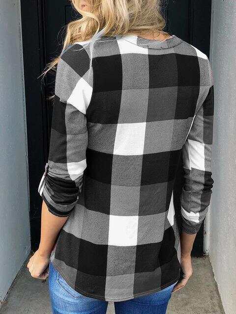 Long Sleeve Plaid Print V-neck Tops