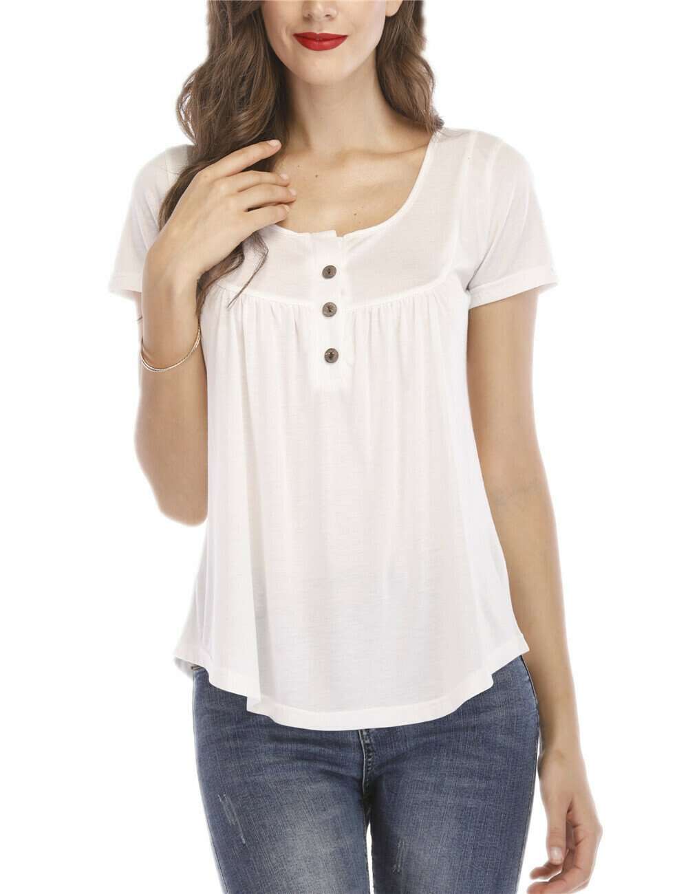 Women's pleated button loose short-sleeved T-shirt