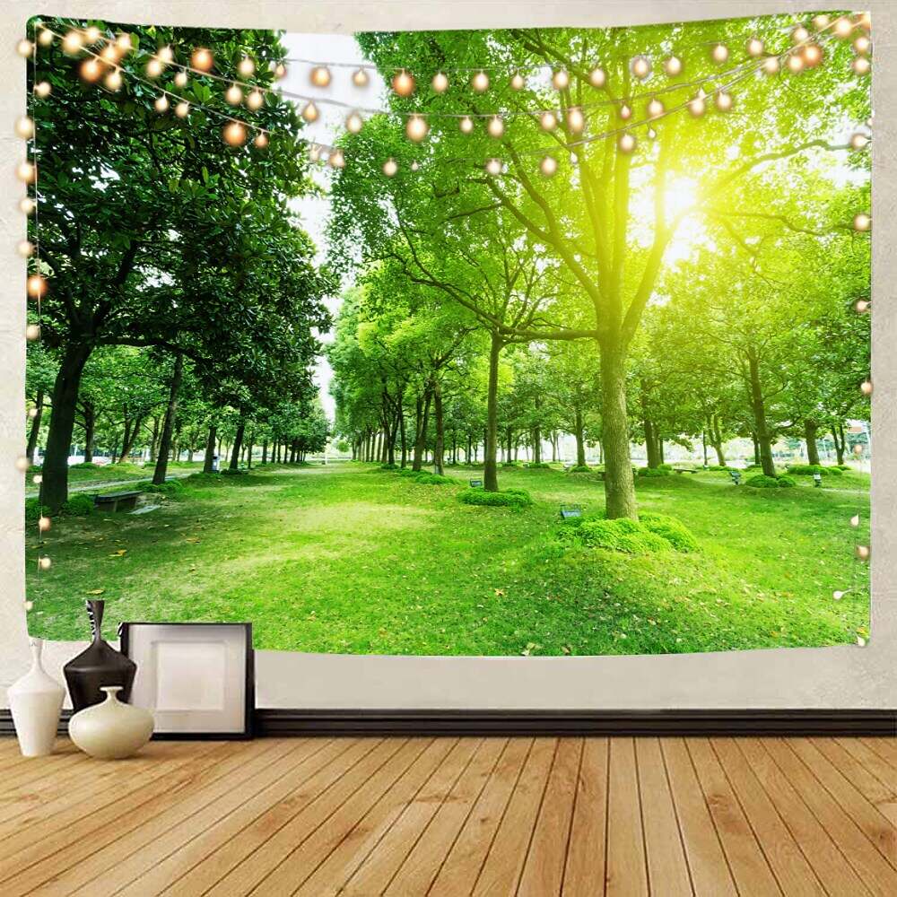 Landscape Tree Wall Tapestry Art Decor Misty Forest Nature Sunshine Through Tree