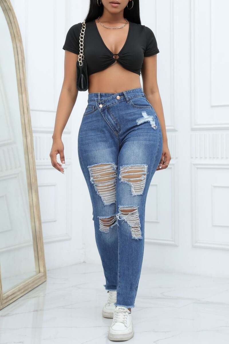 Light Blue Casual Solid Ripped Patchwork High Waist Skinny Denim Jeans