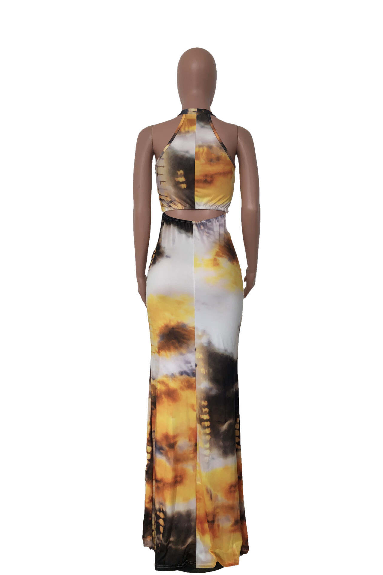 Yellow Fashion Sexy Print Tie-dye O Neck Sleeveless Dress