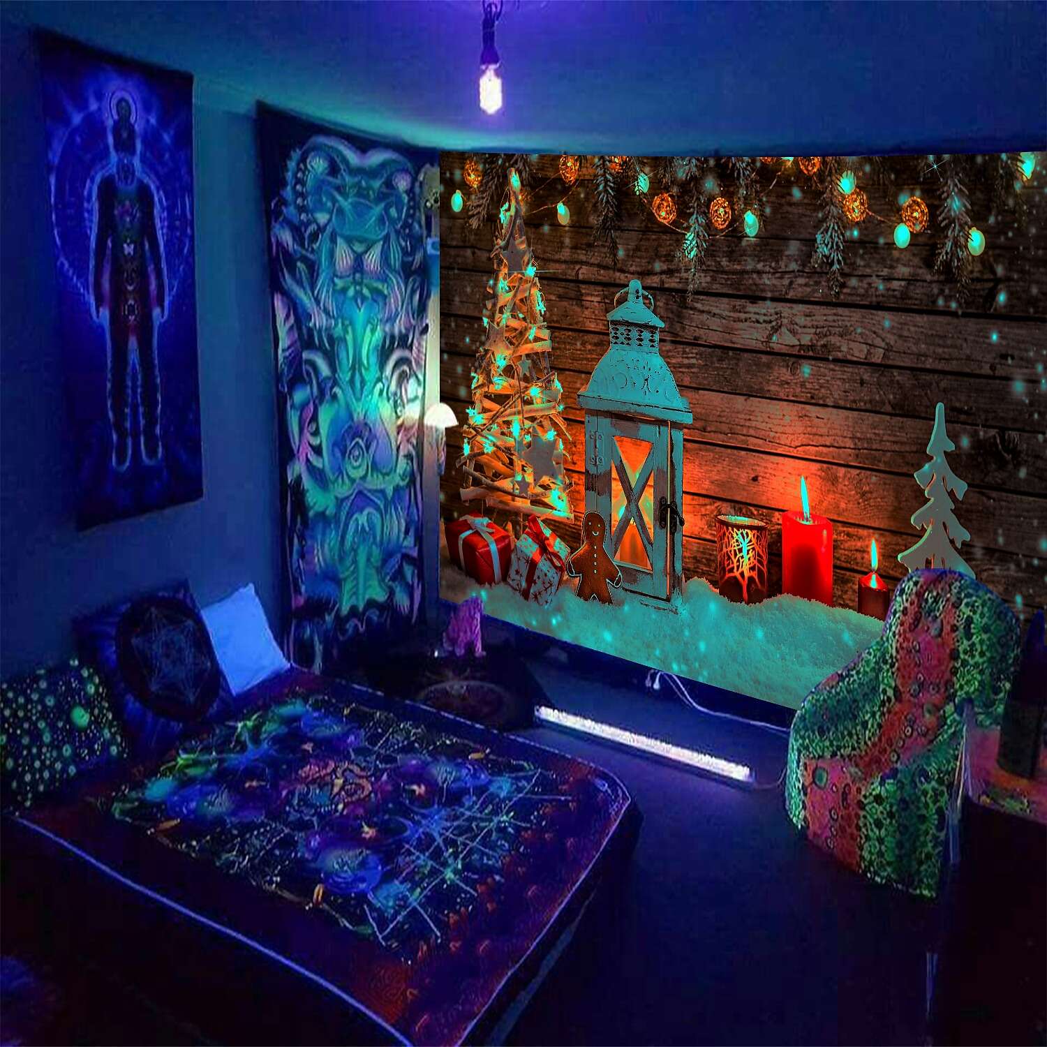 Christmas Blacklight UV Reactive Tapestry Dormitory Living Room Art Decoration