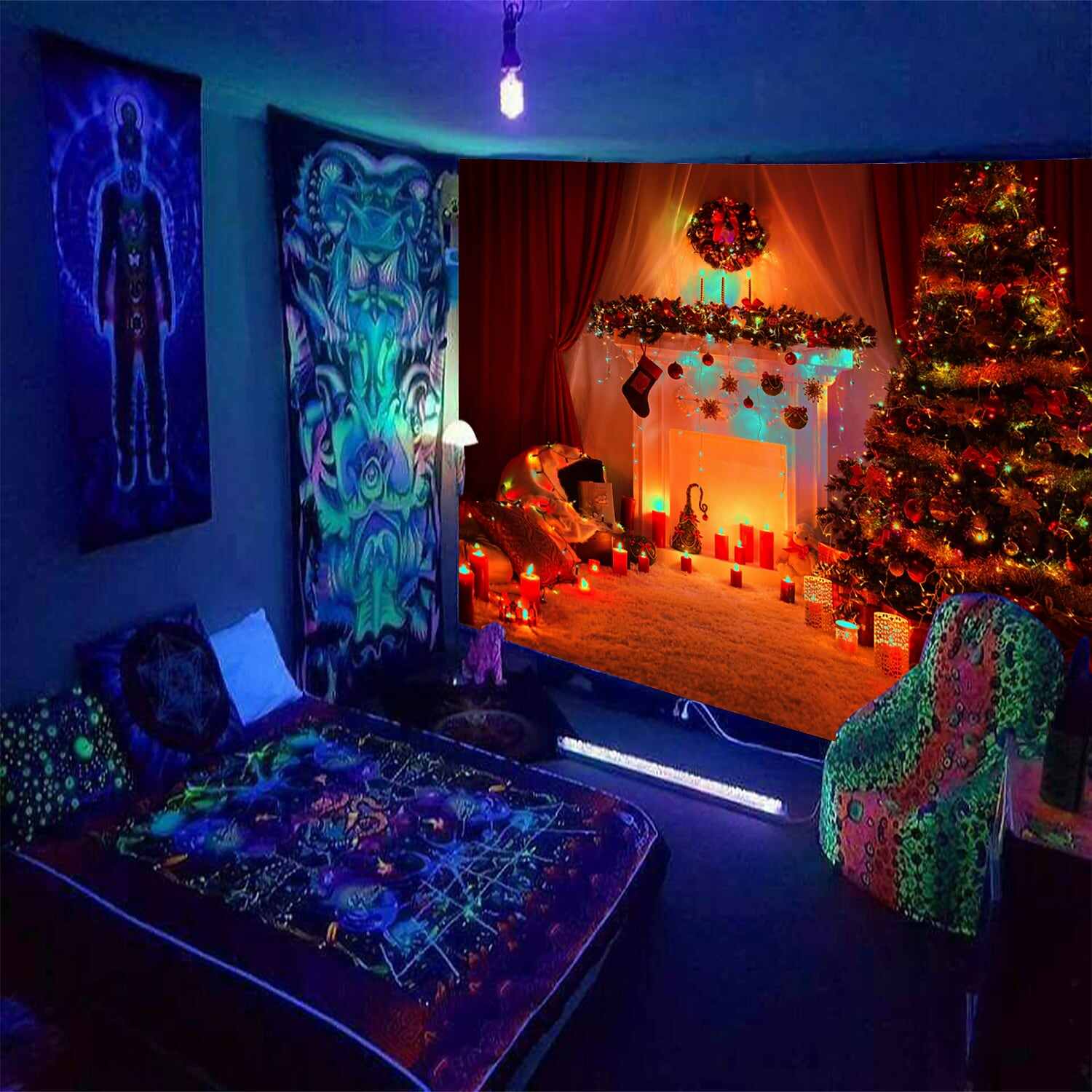 Christmas Blacklight UV Reactive Tapestry Dormitory Living Room Art Decoration