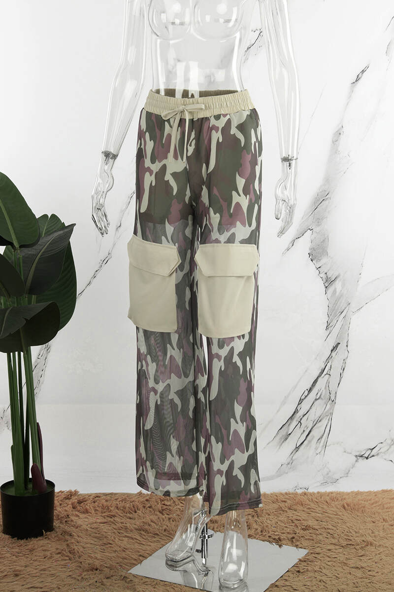 Camouflage Street Camouflage Print Patchwork Draw String Pocket Mesh Straight Mid Waist Straight Full Print Bottoms