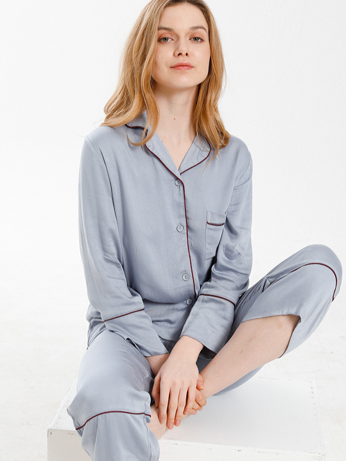 V Neck Simple Regular Fit Plain Long Sleeve Pajama Set