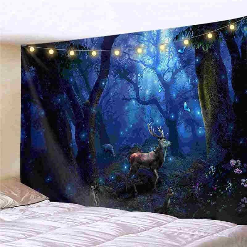 Landscape LED Lights Wall Tapestry Art Decor Forest Waterfall Print