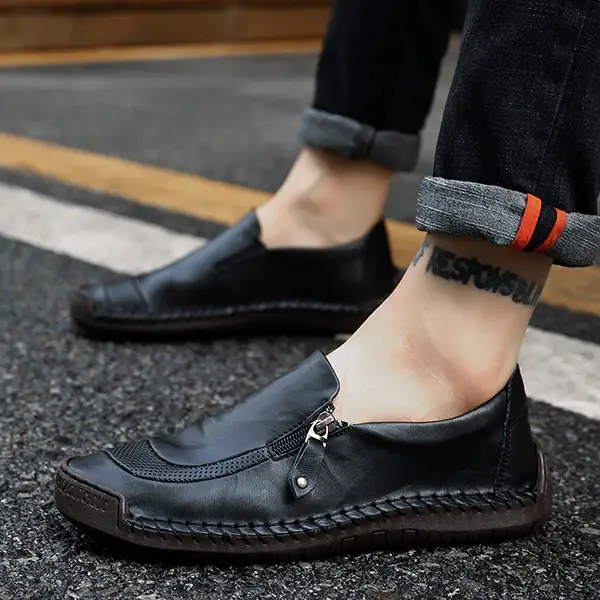 Men Hand Stitching Zipper Slip-ons Leather Shoes