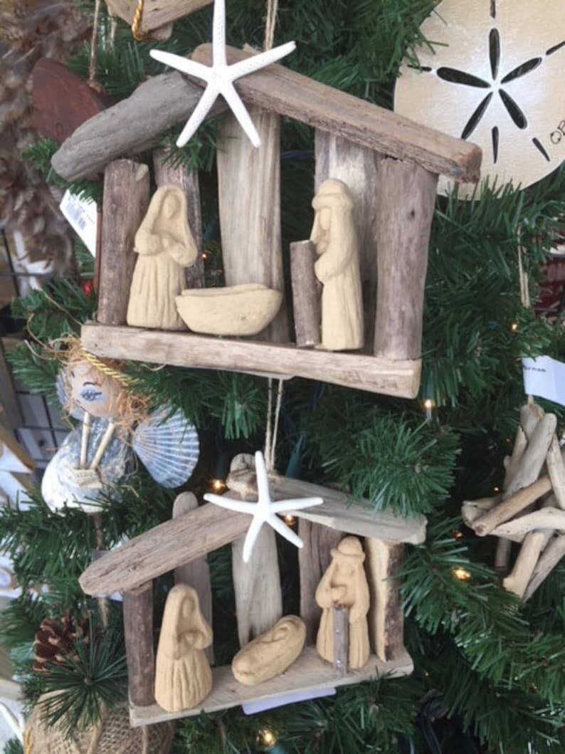 SALE Order by 12 15 Driftwood Nativity Manger Ornament Holy Family Christmas Church small group Beach lover SawdustSandandSpirit OBX