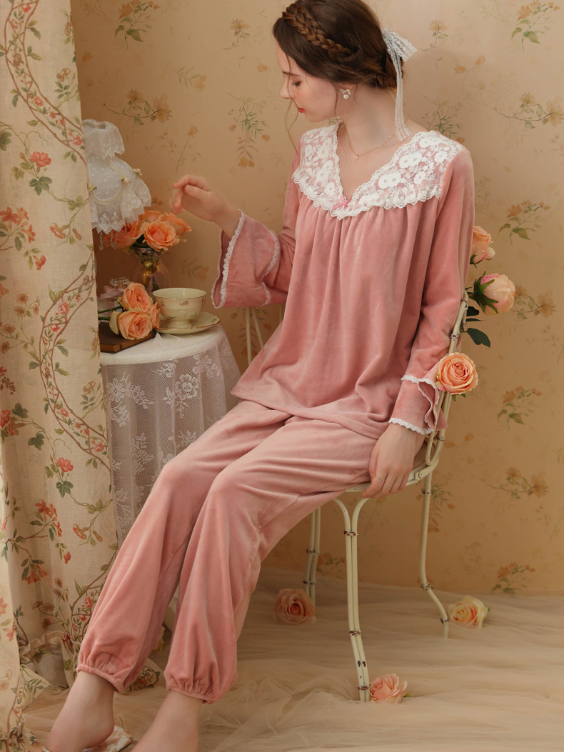 Loose Elegant V Neck Pajama Long Sleeve Set