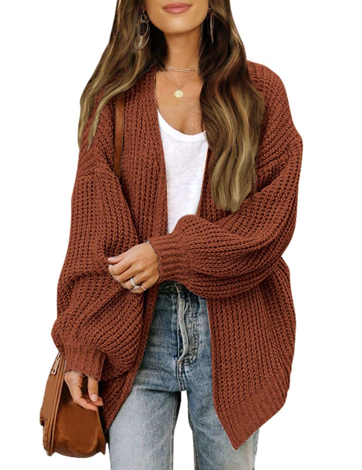 Knitted cotton and linen lantern sleeve cardigan jacket