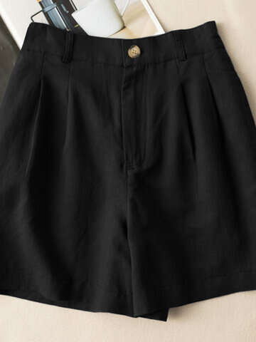Women Shorts | Solid Ruched Pocket Button Elastic Waist Casual Cotton Shorts - BU54844