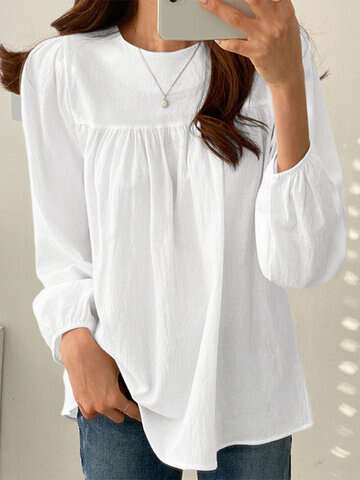 Women Blouses & Shirts | Solid Casual Keyhole Back Long Sleeve Crew Neck Blouse - DY11806