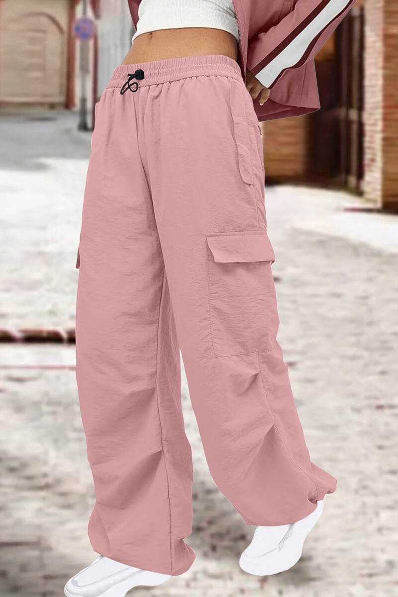 Pink Street Solid Patchwork Draw String Pocket Straight Low Waist Straight Solid Color Bottoms