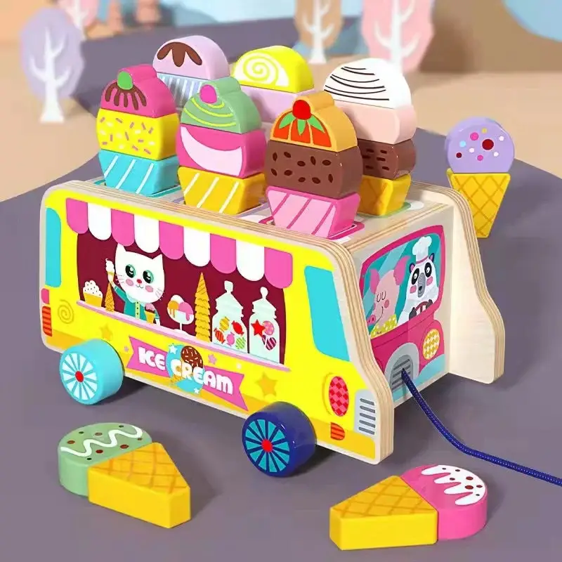 Wooden ice cream truck toy magnetic DIY ice cream kids wooden toy