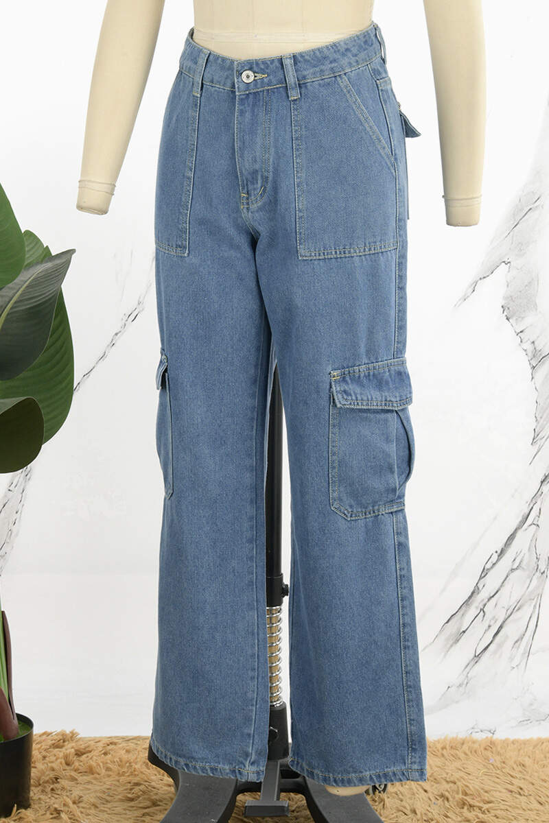 Blue Casual Solid Patchwork High Waist Straight Denim Jeans