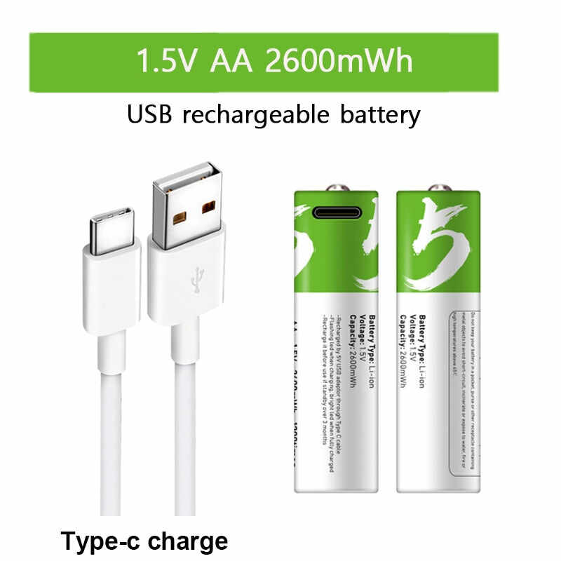 High capacity USB rechargeable Li-ion battery 1.5V AA 2600 mWh