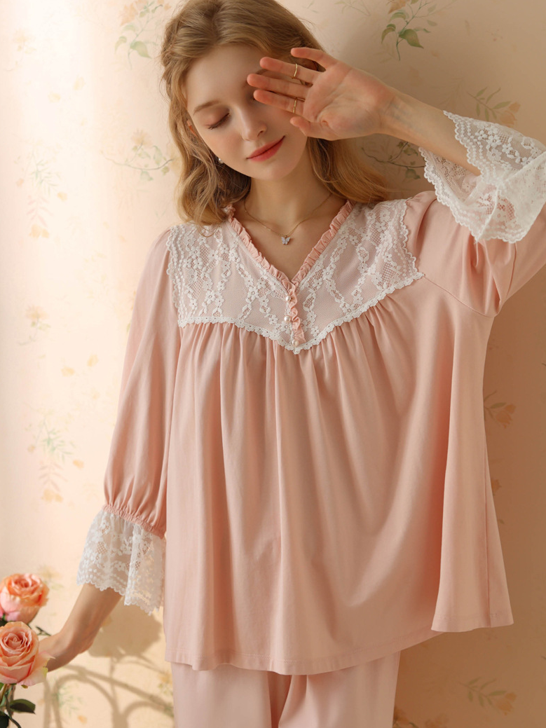 Lace Cotton V Neck Casual  Long Sleeve Pajama Set