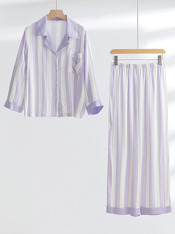 Simple Striped Shawl Collar Long Sleeve Pajama Set