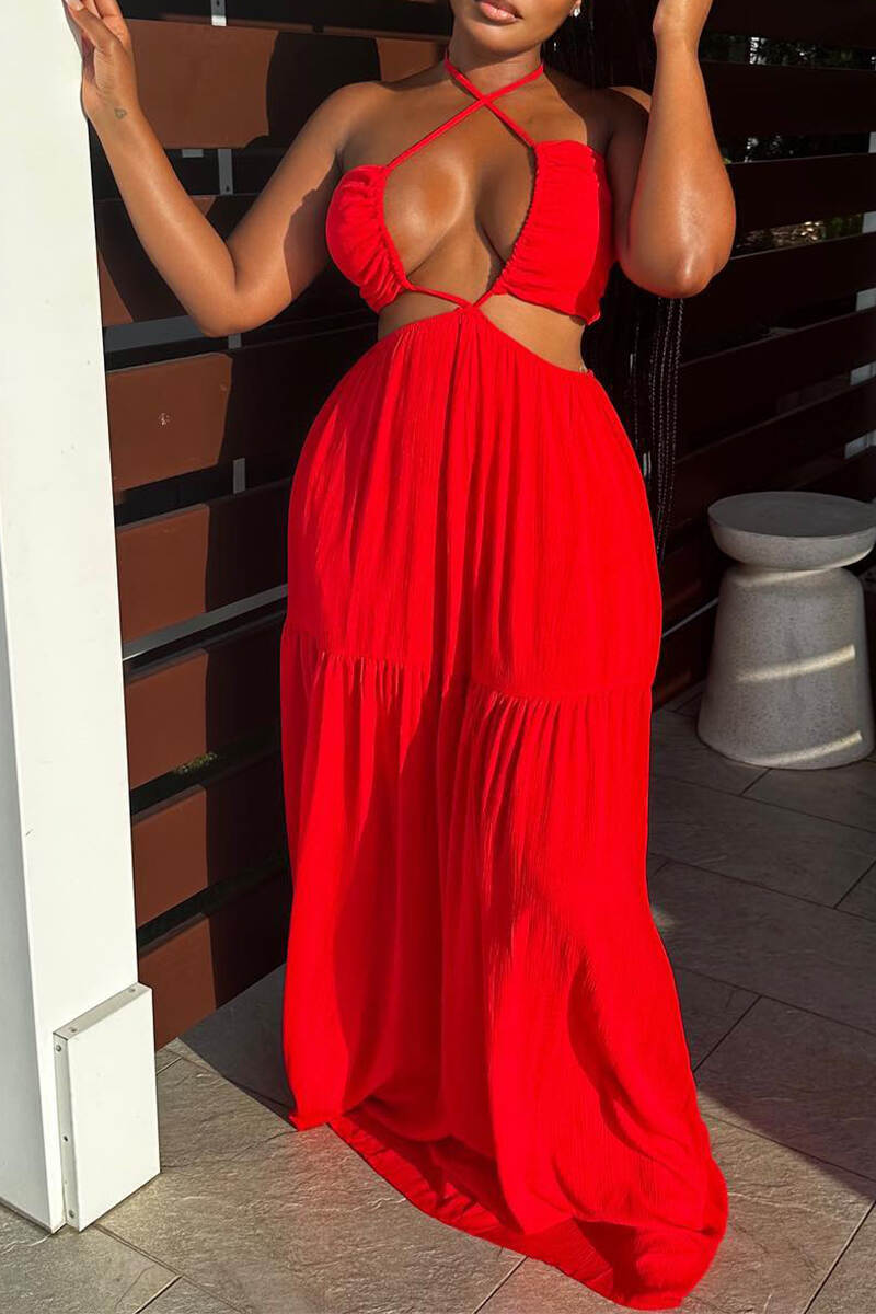 Red Sexy Daily Elegant Vacation Patchwork Solid Color Halter Dresses