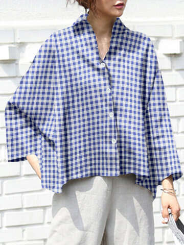 Women Blouses & Shirts | Check Print Long Sleeve Lapel Loose Button Down Shirt - SX38971