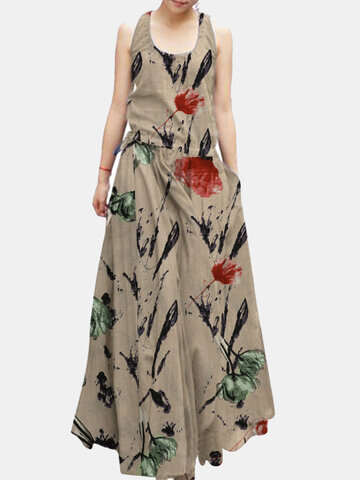 Women Maxi Dresses | Flower Print Loose Swing Pocket Sleeveless Maxi Dress - DX54115