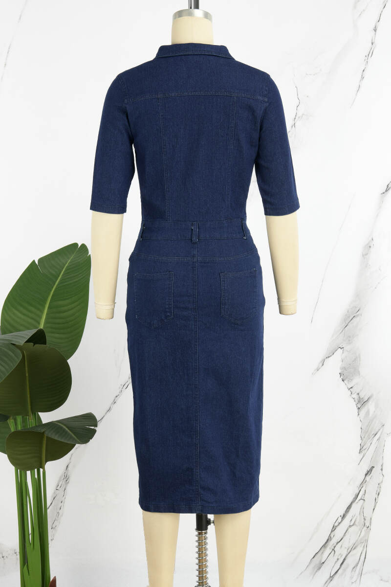 Light Blue Casual Solid Patchwork Turndown Collar Half Sleeve Denim Dresses