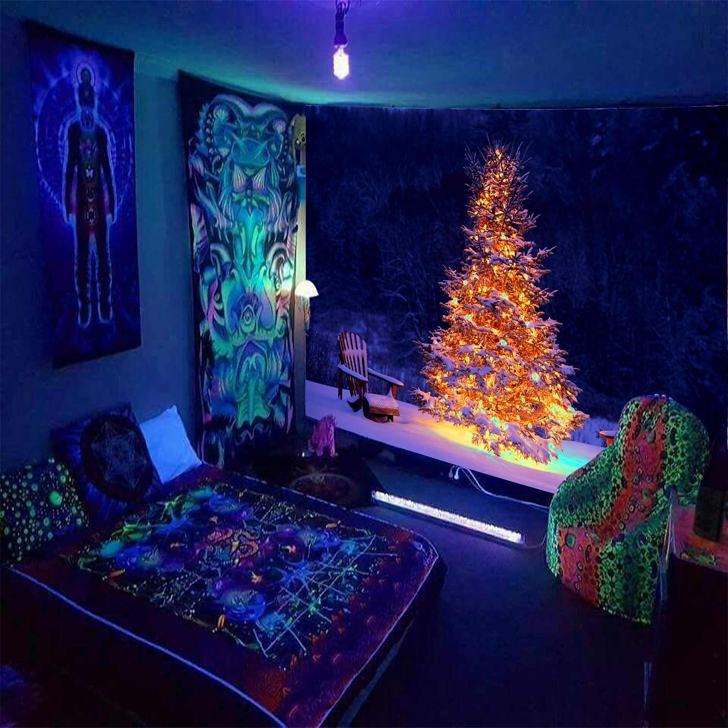 Christmas Blacklight UV Reactive Tapestry Dormitory Living Room Art Decoration